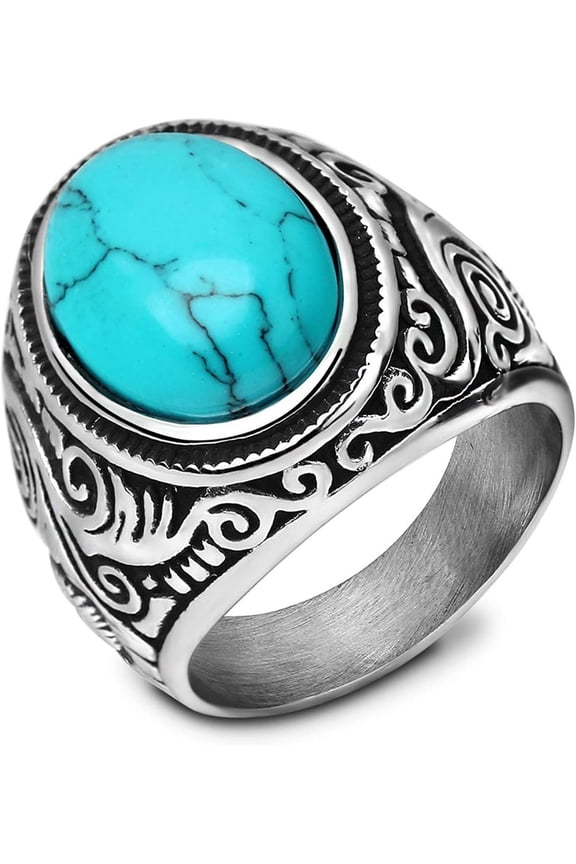 Retro Vintage Stone Rings for Men Turquoise Rings Stainless Steel Signet Biker Band