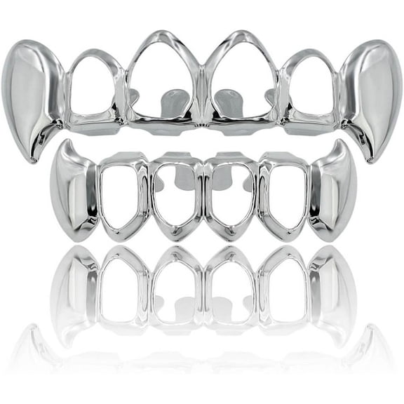 DFORD Vampire Teeth Grillz - Grills for Your Teeth, 14K Gold Plated Vampire Fangs Open Face Gold Grillz for Men Women Hip Hop Cosplay Rapper Costume Accessory (Extra 2 Molding Bars)