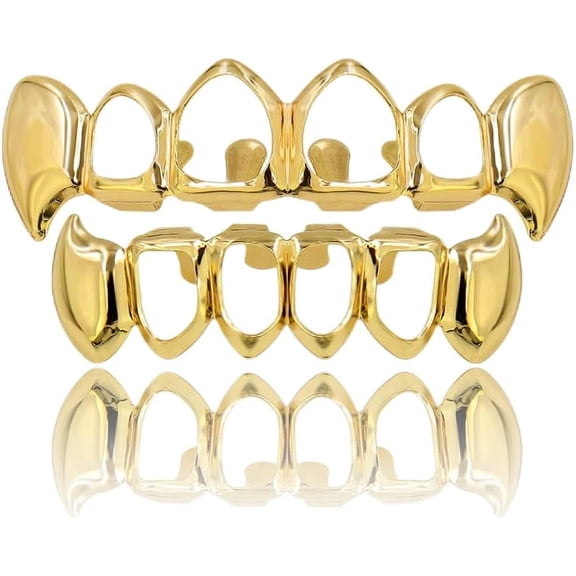 DFORD Vampire Teeth Grillz - Grills for Your Teeth, 14K Gold Plated Vampire Fangs Open Face Gold Grillz for Men Women Hip Hop Cosplay Rapper Costume Accessory (Extra 2 Molding Bars)
