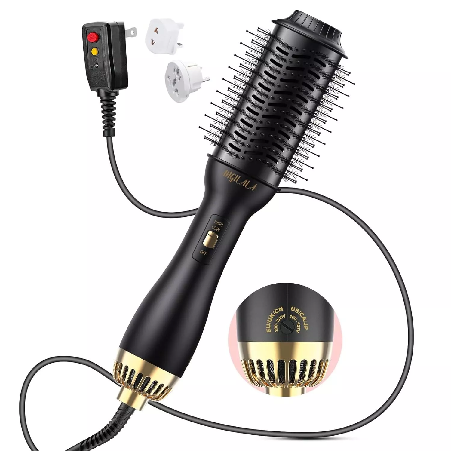 DFS 110~250V Dual Voltage Hair Blow Dryer Brush for International Travel, EU/UK Plug Adapter Included, Europe Travel Essentials for Women Styling