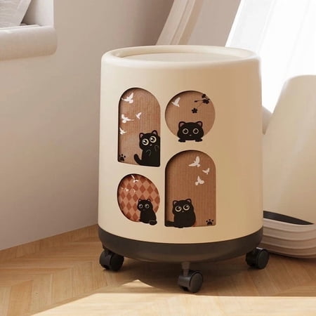 DFS 12L Compact Trash Can with Lid and Wheels, Space Saving Cat Design Trash Bin with Odor Control for Home, Bathroom, Office