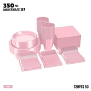 DFS 350-Piece Complete Pink Party Tableware Set, 50 Each of Dinner Plates, Dessert Plates, Cups, Napkins & Forks, Disposable Party Kit