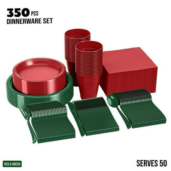 DFS 350-Piece Red & Green Christmas Party Tableware Dinnerware Set, Service for 50, 9" Dinner Plates, 7" Dessert Plates, Cups, Napkins, Forks & Spoons