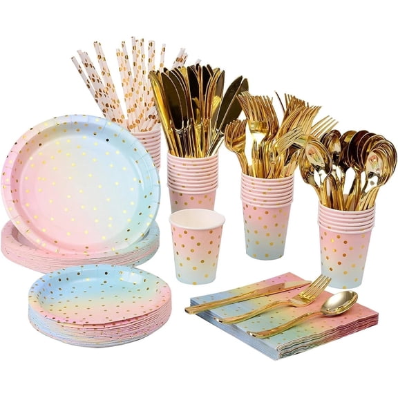 DFS 400 Pc Rainbow Party Tableware Set for 50 Guests, Gold Foil Disposable Dinner Plates, Dessert Plates, Cups, Napkins & Cutlery
