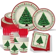 DFS 400 Pc Retro Christmas Party Tableware Set for 50 Guests, Elegant Disposable Dinner Plates, Dessert Plates, Cups, Napkins & Cutlery