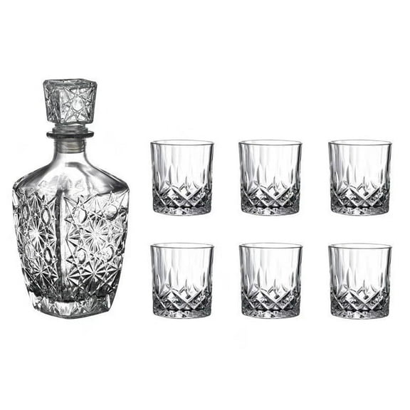 DFS 7 Pcs Crafted Crystal Glasses Whiskey 750ml Decanter & 250ml Glasses Set, Non-Lead Glass Decanter Set for Dad Husband - Square Diamond Bottle