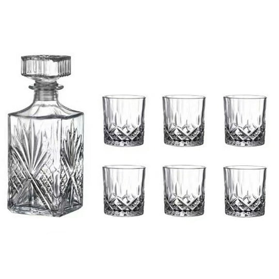 DFS 7 Pcs Crafted Crystal Glasses Whiskey 750ml Decanter & 250ml Glasses Set, Non-Lead Glass Decanter Set for Dad Husband -