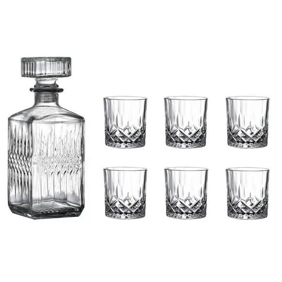 DFS 7 Pcs Crafted Crystal Glasses Whiskey Decanter & Glasses Set, Non-Lead Glass Decanter Set for Dad Husband - Flower Pattern ( Half Body )