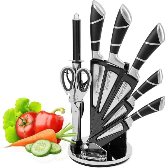 DFS 9-Piece Black Kitchen Knife Set with Block & Sharpener – High-Carbon Stainless Steel Non-Stick Coated Chef Knives for Precision Cutting, Slicing, Dicing - Black