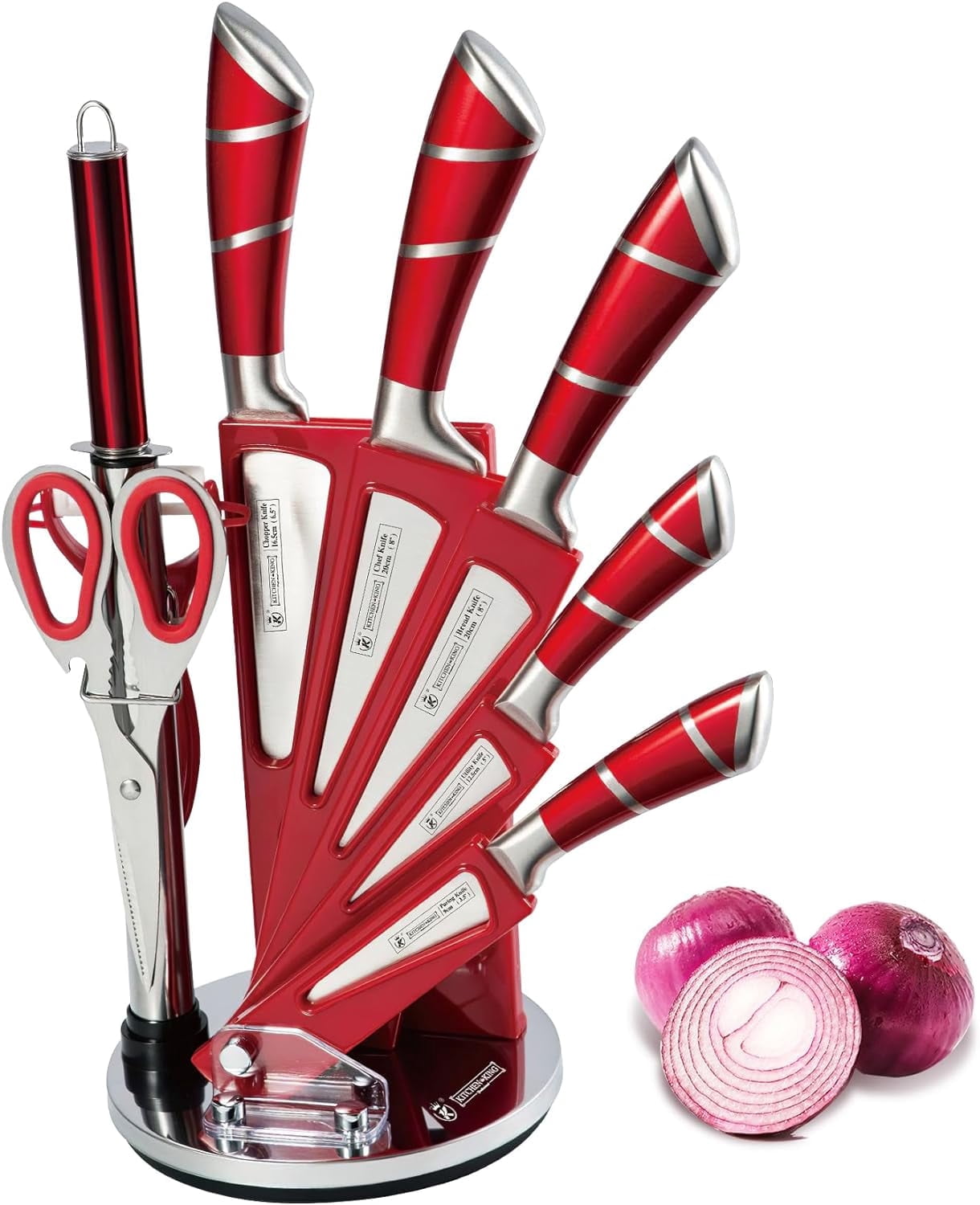 DFS 9-Piece Black Kitchen Knife Set with Block & Sharpener – High-Carbon Stainless Steel Non-Stick Coated Chef Knives for Precision Cutting, Slicing, Dicing - Red