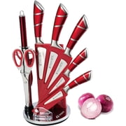 DFS 9-Piece Black Kitchen Knife Set with Block & Sharpener   High-Carbon Stainless Steel Non-Stick Coated Chef Knives for Precision Cutting, Slicing, Dicing - Red