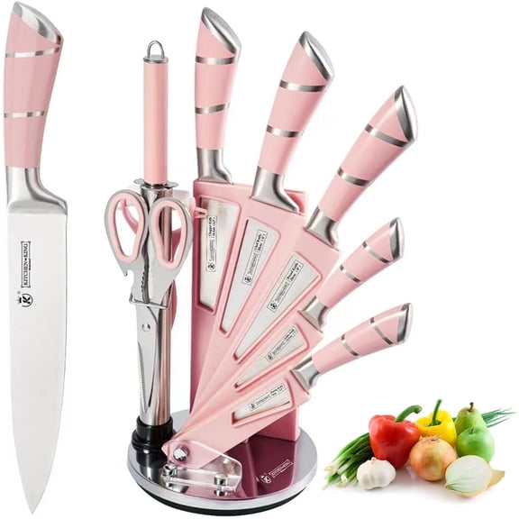 DFS 9-Piece Kitchen Knife Set w/ Stand, Non Stick Coated Stainless Steel Kitchen Chef Knives Set with Acrylic Block and Sharpener for Cutting Slicing Chopping Dicing for Women, Girls - Pink