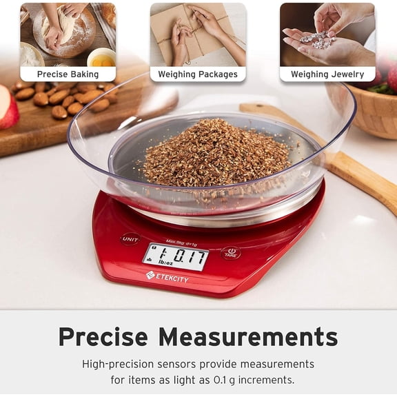 DFVYU-0.1g Food Kitchen Scale, Bowl, Digital Grams and Ounces for Weight Loss, Dieting, Baking, Cooking, and Meal Prep, 11lb/5kg, Stainless Steel Red