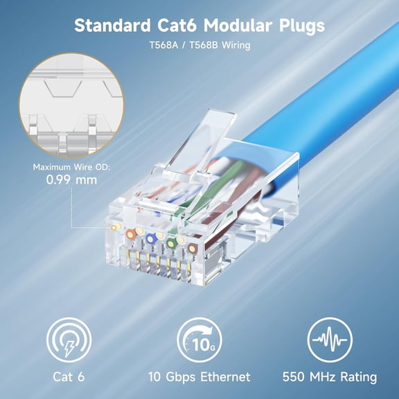 DFVYU-100-Pack CAT6 RJ45 Modular Plugs, 50 Gold Plated (RJ45 Connector, Cat 6 Ends, Cat 6 Ethernet Connector, Ethernet Plugs), for Solid or Stranded UTP Cable