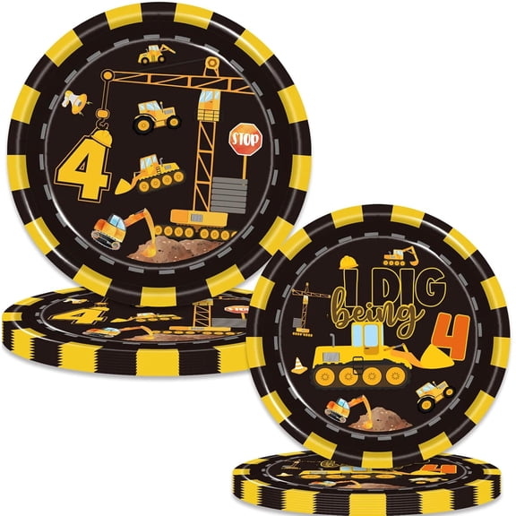 DFVYU-100 Pcs Construction 4th Birthday Party Supplies Dump Truck Theme Four Decorations Tableware Includes Plates, Cups, Napkins for Boys Construction Four Years Old Birthday Party Decorations Favor