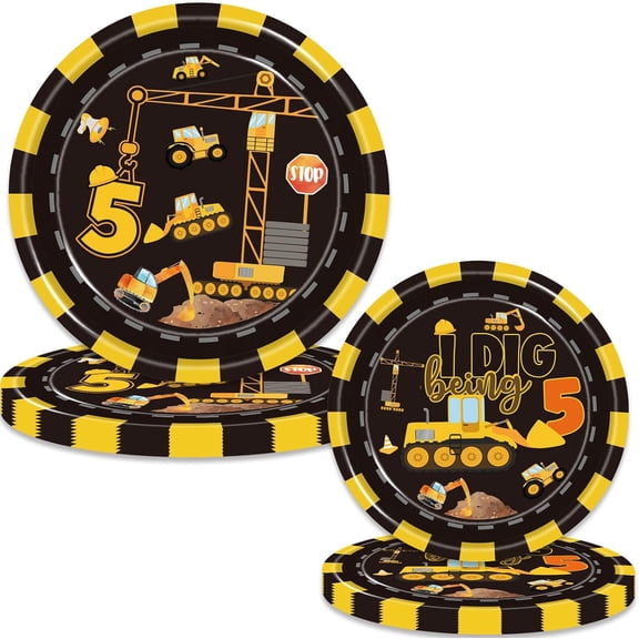 DFVYU-100 Pcs Construction 5th Birthday Party Supplies Dump Truck Theme Five Decorations Tableware Includes Plates, Cups, Napkins for Boys Construction Five Years Old Birthday Party Decorations Favor