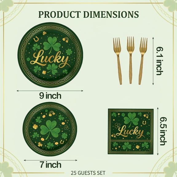 DFVYU-100 Pcs St. Patrick's Day Tableware Party Supplies, Serves 25, Disposable Green Clover and Lucky Design Paper Plates, Napkins, and Gold Forks, St. Paddy's Day Dinner, Irish or Spring Decoration