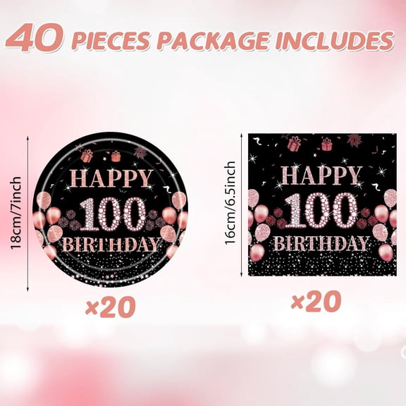DFVYU-100th Birthday Decorations for Men Women, Rose Gold 100 Years Old Birthday Supplies for 20 Guest, 100 Aged Party Tableware Includes 20 Plates and 20 Napkins