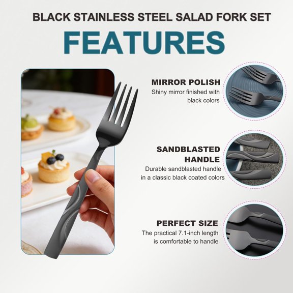 DFVYU-12 Piece Stainless Steel Black Salad Fork Set | 7.1 InchDishwasher Safe Black 12 Piece Stainless Steel