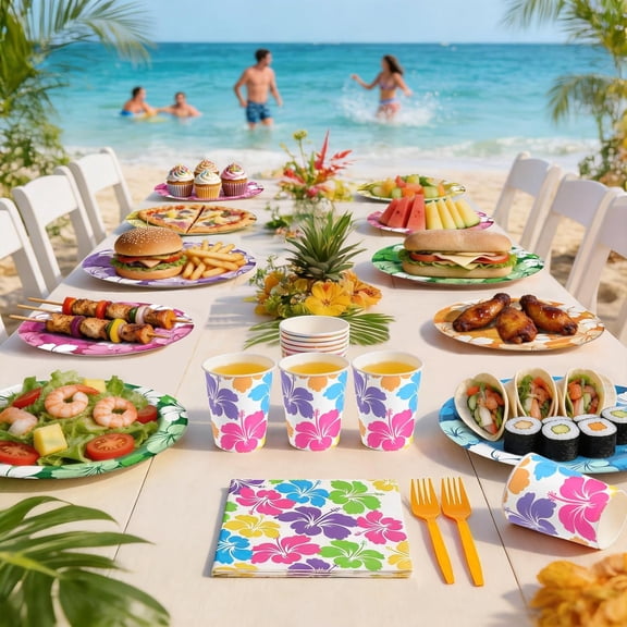 DFVYU-120pcs Tropical Hibiscus Party Paper Plates Set, 7 and 9 inch Hawaiian Disposable Plates Napkins Cups and Forks for Summer Party Luau Table Decorations Hawaiian Pool Party Supplies, Serve 24 Gu