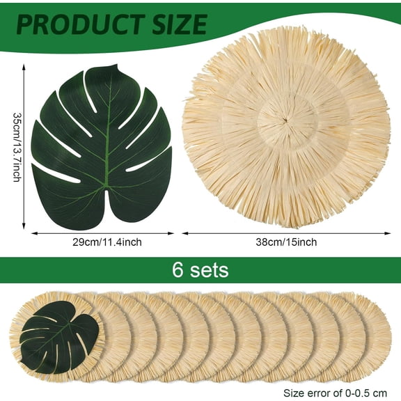 DFVYU-12pcs Luau Placemats and Palm Placemat, Round Luau Fringe Place Mats Tropical Palm Leaf Place Mats Bulk Summer Hawaiian Plate Chargers Table Placemats Tropical Party Supplies