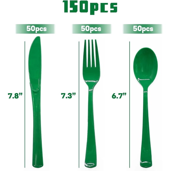 DFVYU-150 PCS Green Plastic Silverware Disposable Green Utensils 50 Plastic Forks, 50 Knives, 50 Spoons for Birthday, Graduation Party, Picnic