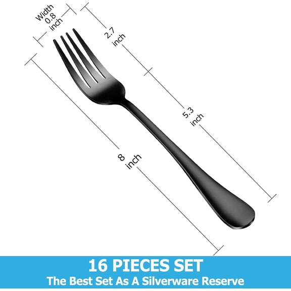 DFVYU-16 Piece Black Dinner Forks Set, Food-Grade Stainless Steel Silverware Forks, Cutlery Fork, Metal Fork for Home, Kitchen or Restaurant, Mirror Polished, Dishwasher Safe - 8 Inch
