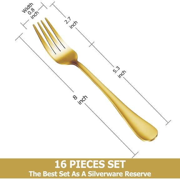 DFVYU-16 Piece Gold Dinner Forks Set, Food-Grade Stainless Steel Silverware Forks, Cutlery Fork, Metal Fork for Home, Kitchen or Restaurant, Mirror Polished, Dishwasher Safe - 8 Inch