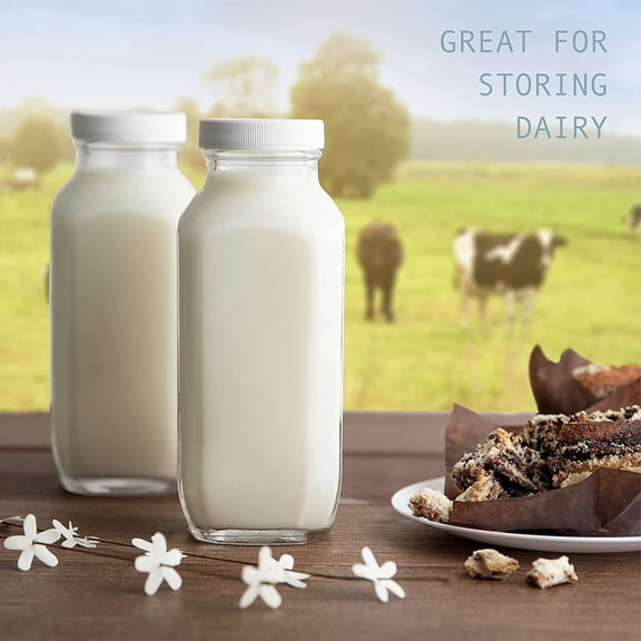 DFVYU-16 oz Glass Milk Bottle with Lid - Glass Jars with Airtight Lid used for Milk Container, Yogurt, Smoothies, Juice, Kefir, & Water -2 Pack 16 oz Glass Bottles with Lids