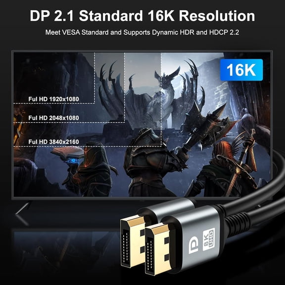 DFVYU-16K DisplayPort Cable 2.1, 30 FT DP Cable [16K@60Hz, 8K@120Hz, 4K@240Hz, 40Gbps] | Gold-Plated DP to DP for Gaming Monitor, PC | Supports HDR, HDCP, FreeSync, G-Sync, RTX 4090, 7900XTX