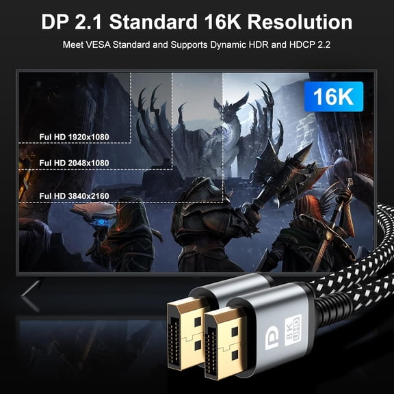DFVYU-16K DisplayPort Cable 2.1, 6.6FT DP Cable 2 Pack[16K@60Hz,8K@120Hz,4K@240Hz, 40Gbps], High Speed Gold-Plated DP to DP for Gaming Monitor, HDR/HDCP/FreeSync/G-Sync Monitor 4090 7900XTX