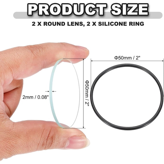 DFVYU-2" Dia LED Lens, 2 Set Polished Edge Flashlight Replacement Parts Glass Lens with Silicone Ring for Light Source Lens Replacement, Transparent
