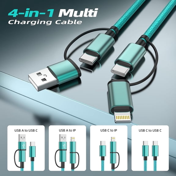 DFVYU-2 Pack 4 in 1 Multi Charging Cable 5FT, 60W Fast Charging USB A & USB C to USB C and IP Charger Cord for Cruise Essentials, Travel, Car, Camping, Green