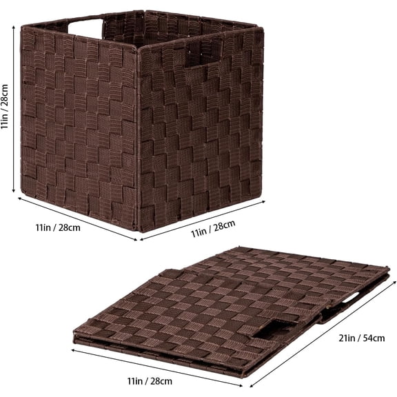 DFVYU-2-Pack Collapsible Ribbon Woven Storage Bins with Metal Structure, Shelf Basket, Pantry Organizer, Home Decorative Utility Cubes (11 x 11 x 11 in, Brown)