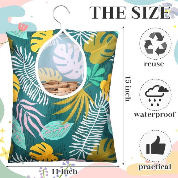 DFVYU-2 Pcs Clothes Pin Bag Clothespin Holder 15 x 11 in to Hang on Line Clothes Pin Hanging Bag for Clothesline Outdoor Storage Organizer Basket with Large Opening(Leaves Style)