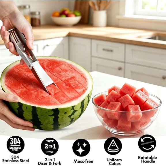 DFVYU-2-in-1 Watermelon Slicer & Fork Stainless Steel Watermelon Fork Slicer with Rotatable Protective Handle Effortless Melon Cube Slicer for Summer