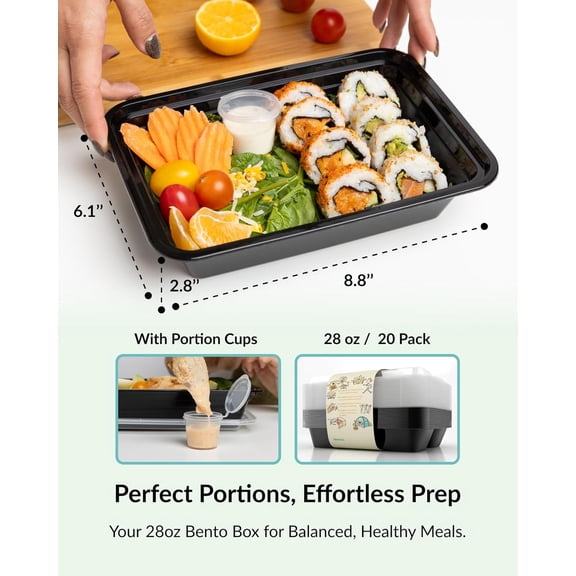DFVYU-[20 Pack] Single 1 Compartment Meal Prep Containers with Lids, Food Storage Bento Box with Portion Cups, BPA Free, Reusable Lunch Box, Microwave/Dishwasher/Freezer Safe, Portion Control, 28oz
