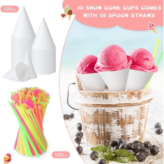 DFVYU-200 Pcs Snow Cone and Straws Cone Cups 4.5 oz Spoon Straws Disposable Paper Cups Straw Spoon for Slush Shaved Ice Cream Sorbet Water (White)