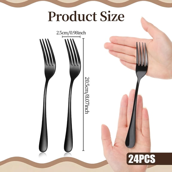 DFVYU-24 Pcs Black Dinner Forks Set, Stainless Steel Silverware Forks | 8 Inch Metal Black Cutlery Fork for Home, Kitchen, Party, Restaurants, Mirror Polished, Food-Grade, Individually Wrapped