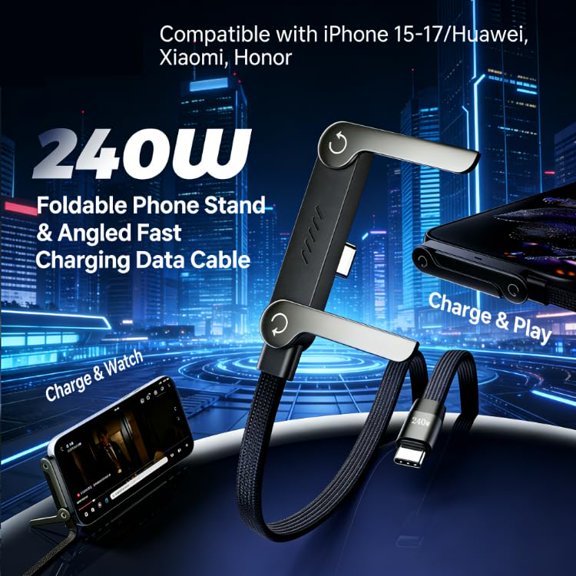 DFVYU-240W 2-in-1 USB-C Fast Charging Cable with Foldable Phone Stand, 1M Nylon Braided Elbow Cord, for Gaming & Streaming, Compatible with iPhone 15-17, Samsung, Xiaomi, Huawei & All Type-C Devices