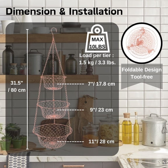 DFVYU-3 Tier Hanging Basket, Metal Kitchen Organizer (Copper)