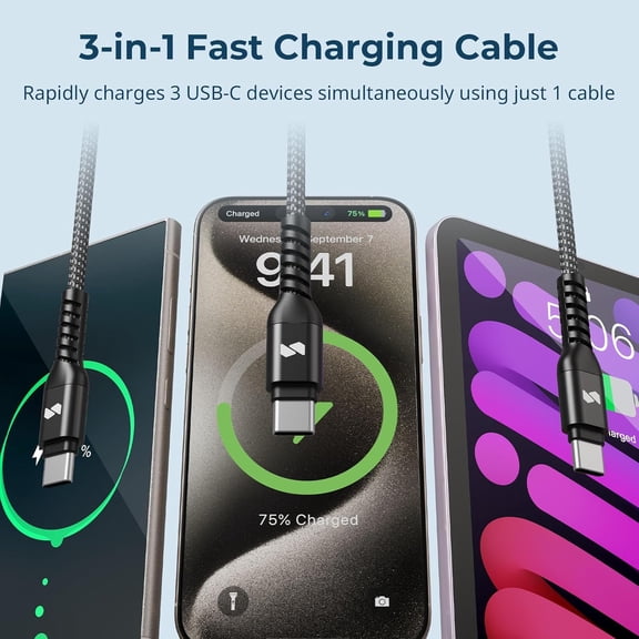 DFVYU-3-in-1 USB-C Charging Cable, 100W Fast Charge & USB 2.0 Data Transfer, Durable Triple Fast Charging Cord with 3 Type-C Male Port, for Tablets for iPhone 16 15 for Samsung, 4FT Black - 5079