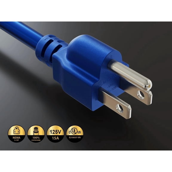 DFVYU-3ft 14 AWG 15A 125V Power Cord Cable NEMA 5-15P to IEC320 C15, Blue