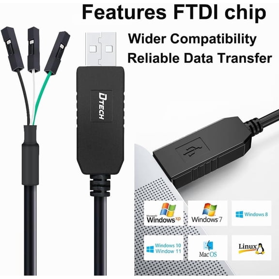 DFVYU-3ft USB to TTL Serial Cable 3.3V 3 Pin TX RX Signal UART Adapter Debug Cord Genuine FTDI FT232RL Chip Compatible with Windows 11 10 8 7 Linux MAC OS 3Pin 3v3 2.54mm Dupont Female Header