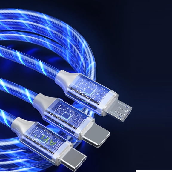DFVYU-3in1 Multi Ports Fast Charging Cable USB A/Type C to Micro USB/Type C Charger Cord Durable Visible Lighted Up Current Flowing Charging Cable for Most Electronic Devices-47 Inches Blue