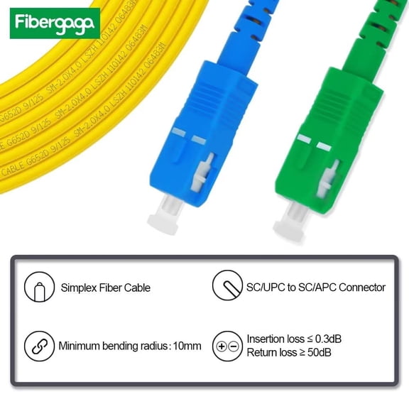 DFVYU--3m(10ft) OS2 SC/UPC to SC/APC Fiber Patch Cable Single Mode, Simplex, Length Option: 0.5M(1.6ft)-50m(164ft) 9/125m 2.0mm Diameter Fiber Optic Cable, OS1/OS2 Compatible