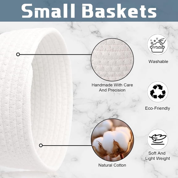 DFVYU-4 Pcs Small Basket, Empty Woven Baskets Small Rope Storage Mini Basket Cotton Baskets for Organizing Gifts Cute Boho Tiny Round Gifts Bin Shelf Closet Decorative Bin for Nursery Bathroom(White)
