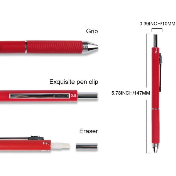 DFVYU-4 in1 Multi-Function Refillable & Retractable Ballpoint Pen + 0.5mm Mechanical Pencil, Fine Point, Red Metal Barrel, Black/Red/Blue Inks, Multicolor Pen With Metal Gift Box