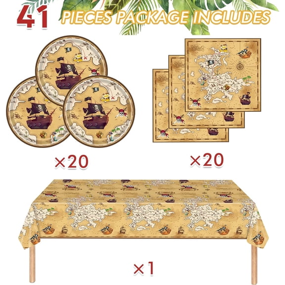DFVYU-41 Pieces Pirate Party Tableware Set Pirate Birthday Party Decorations Includes Treasure Map Plates Nautical Napkins and Plastic Island Treasure Tablecloth for Treasure Theme Birthday Party Dec