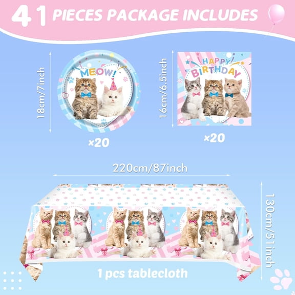 DFVYU-41Pcs Cat Party Supplies - Kitten Birthday Party Table Decorations Include 20 Paper Plates, 20 Napkins and 1 Tablecloth